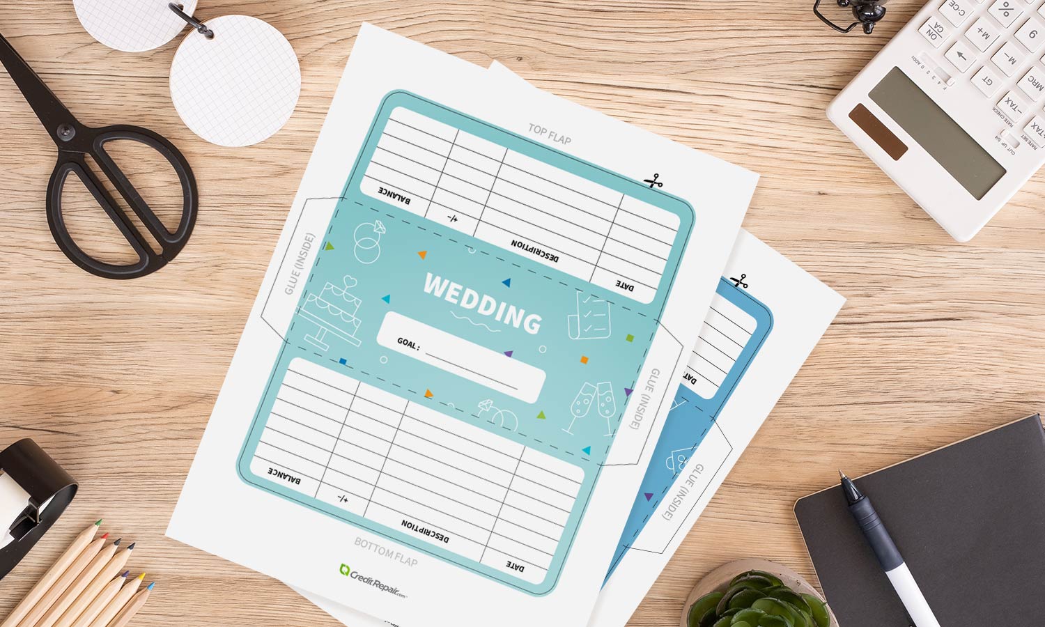 Wedding-themed cash envelope printables on a table