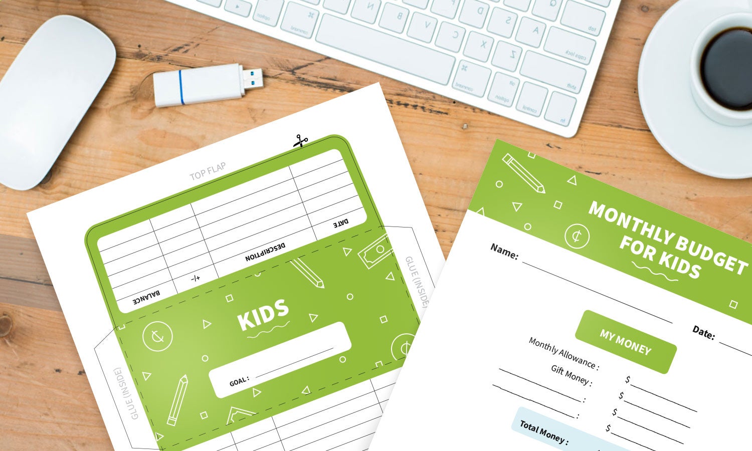 Kids-themed budget template and cash envelope printable laid out on a table