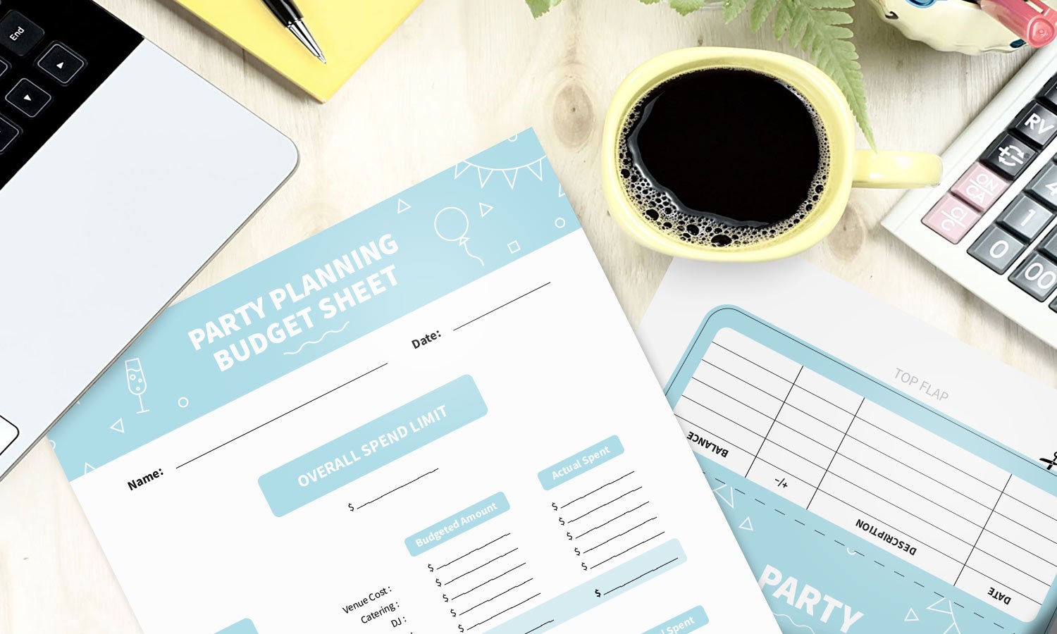 Budget template and cash envelope templates for party budgeting laid out on desk