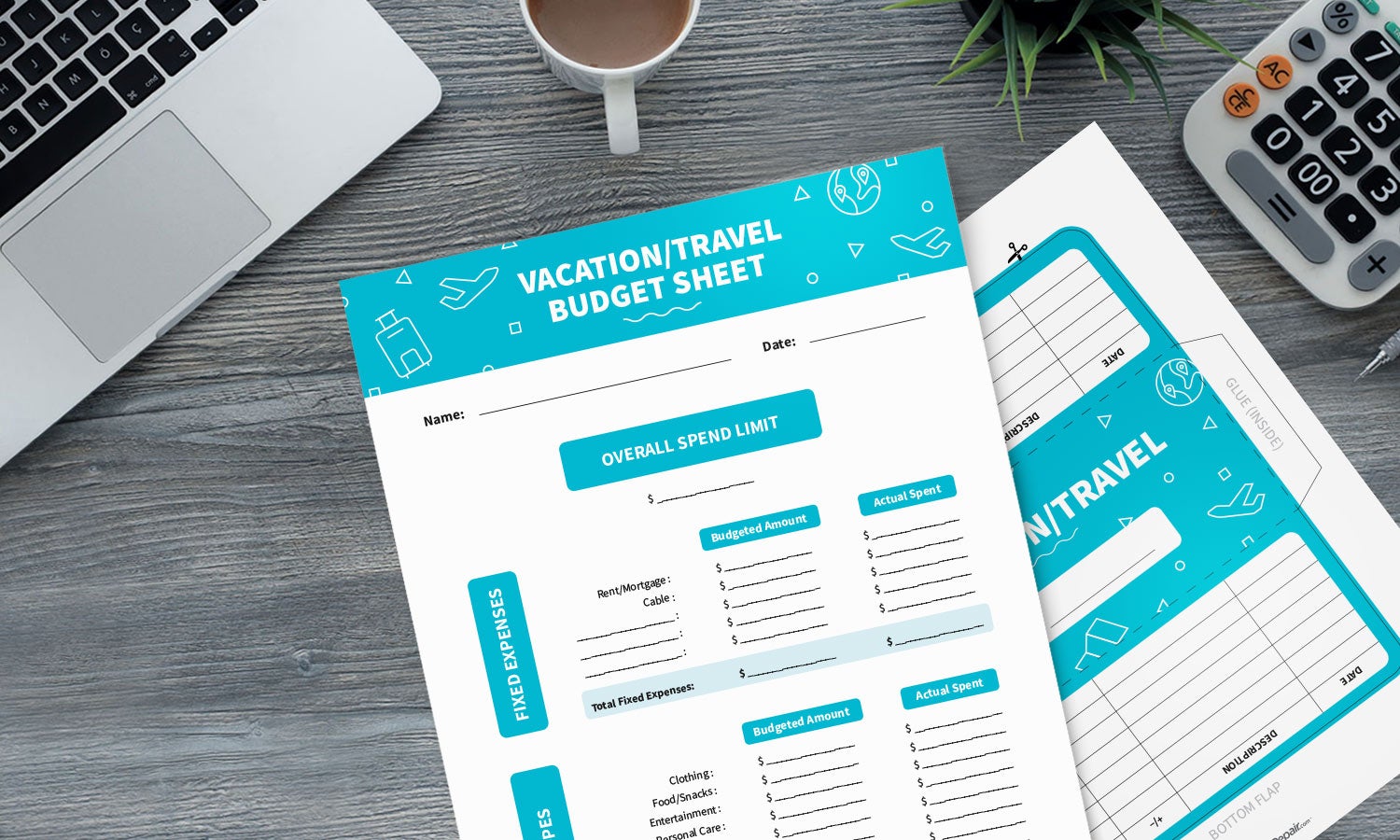 Cash envelope and budget template for vacation/travel laid out on table