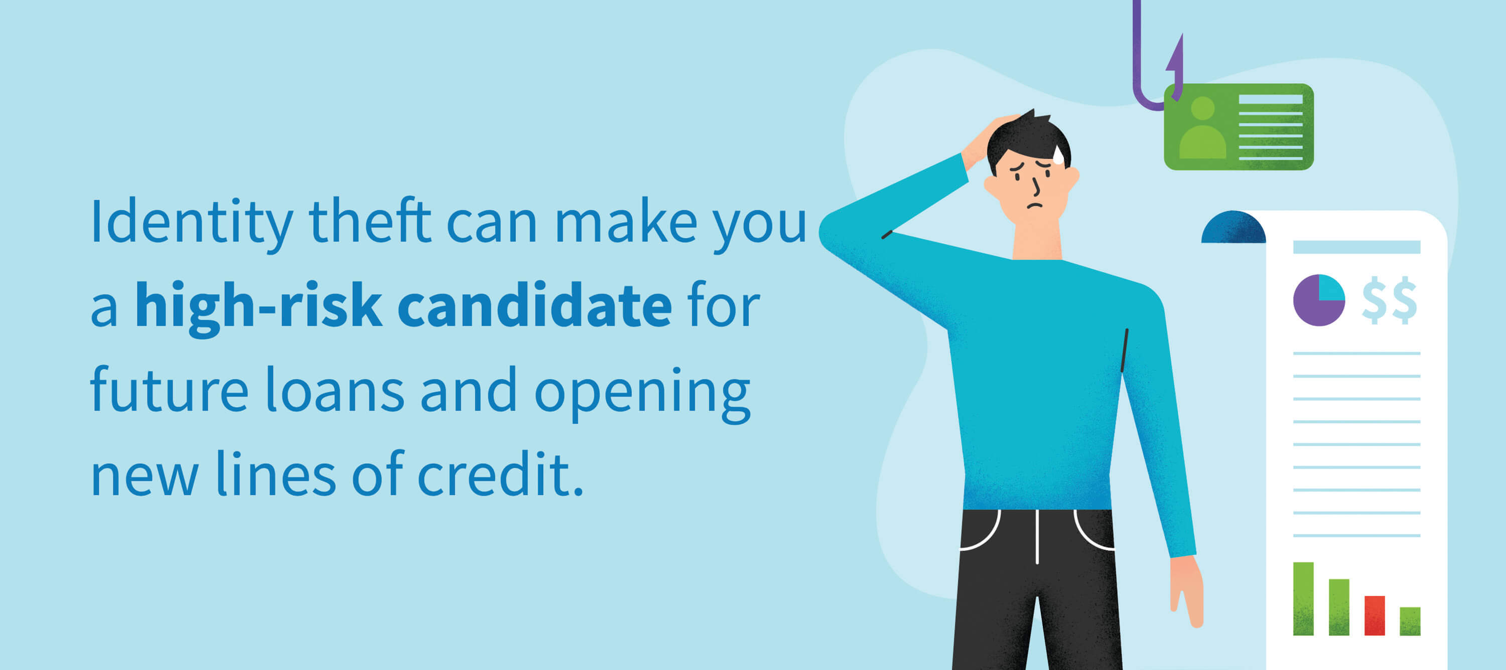 Identity theft can make you a high-risk candidate for future loans and opening new lines of credit. 