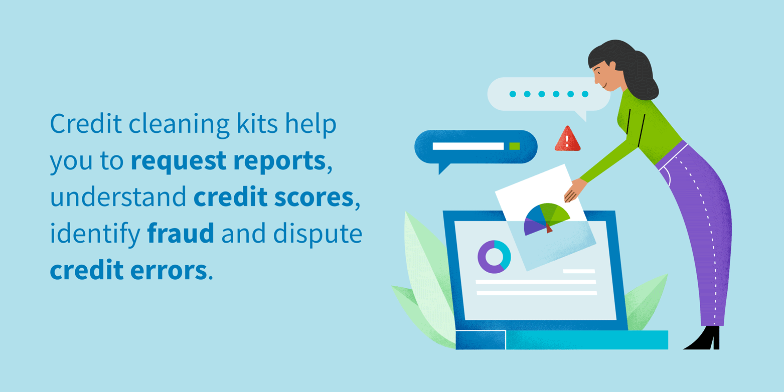 credit cleaning kits help you to request reports, understand credit scores, identify fraud and dispute credit errors.