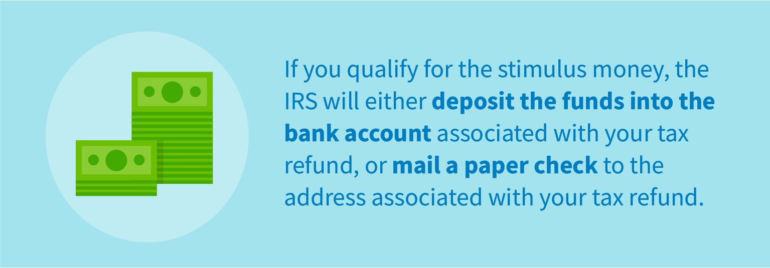 If you qualify for the stimulus money, the IRS will either deposit the funds into the bank account associated with your tax refund, or mail a paper check to the address associated with your tax refund.