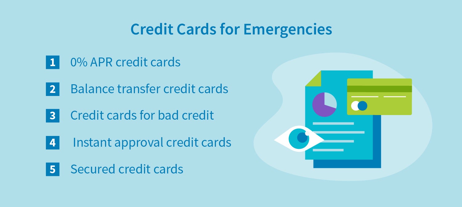 Credit cards for emergencies: 0% APR credit cards, balance transfer credit cards, credit cards for bad credit, instant approval credit cards and secured credit cards.