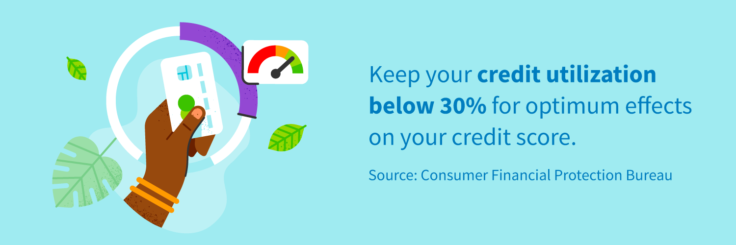 Keep your credit utilization below 30% for optimum effects on your credit score.