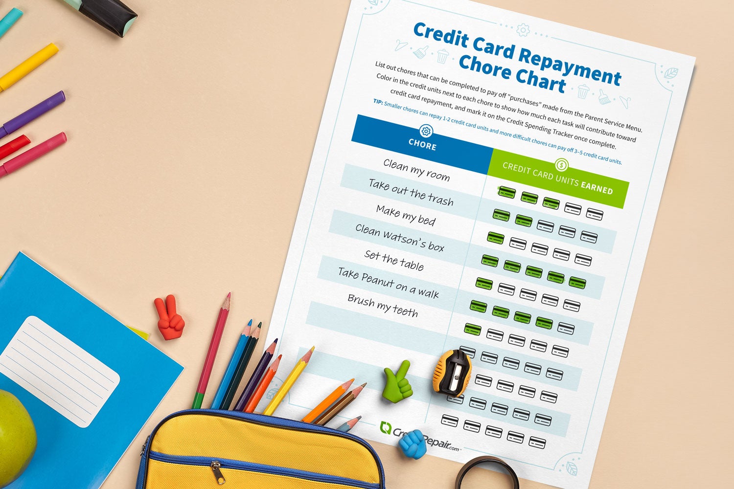 Credit card repayment chore chart printable.