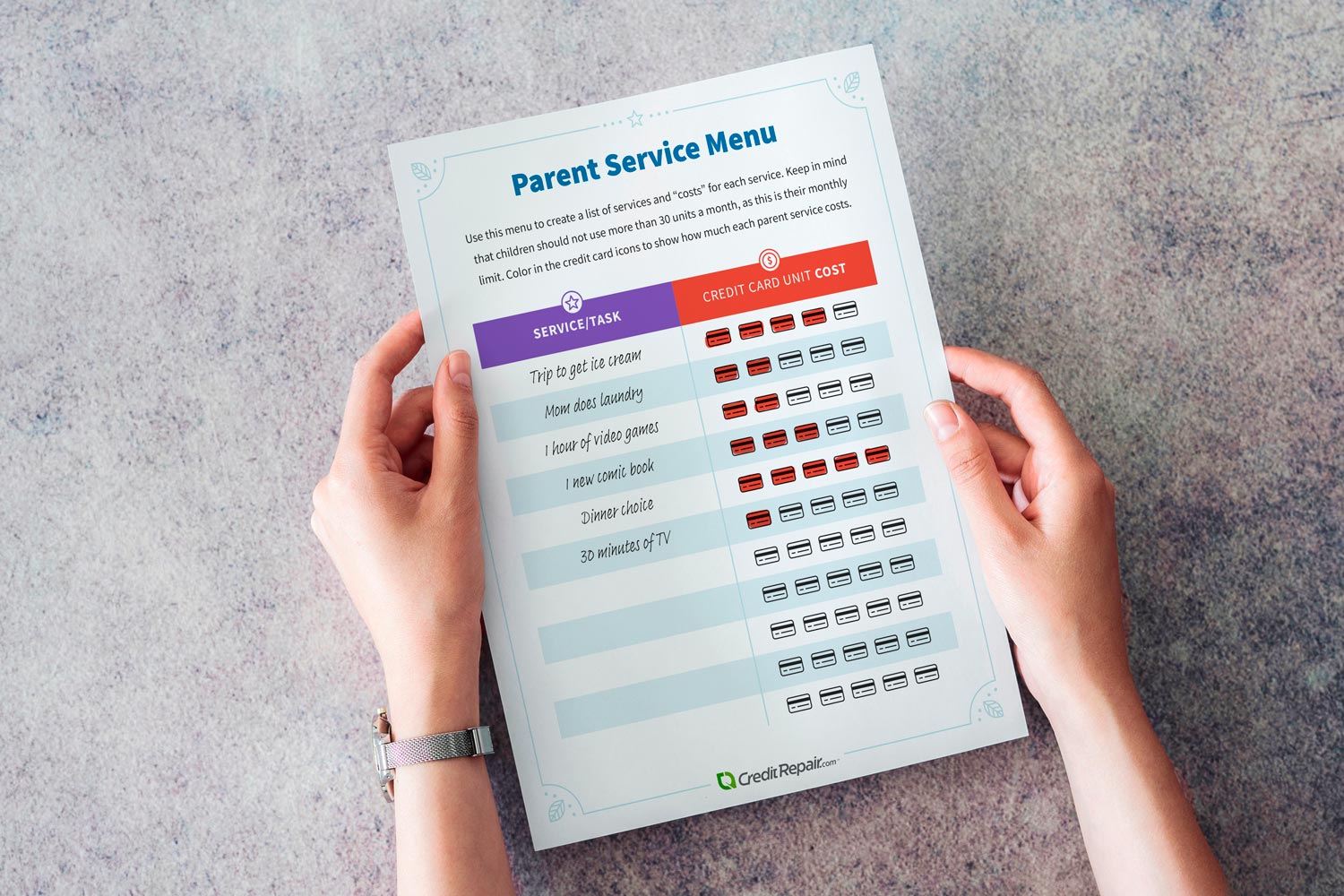 Printable parent service menu.