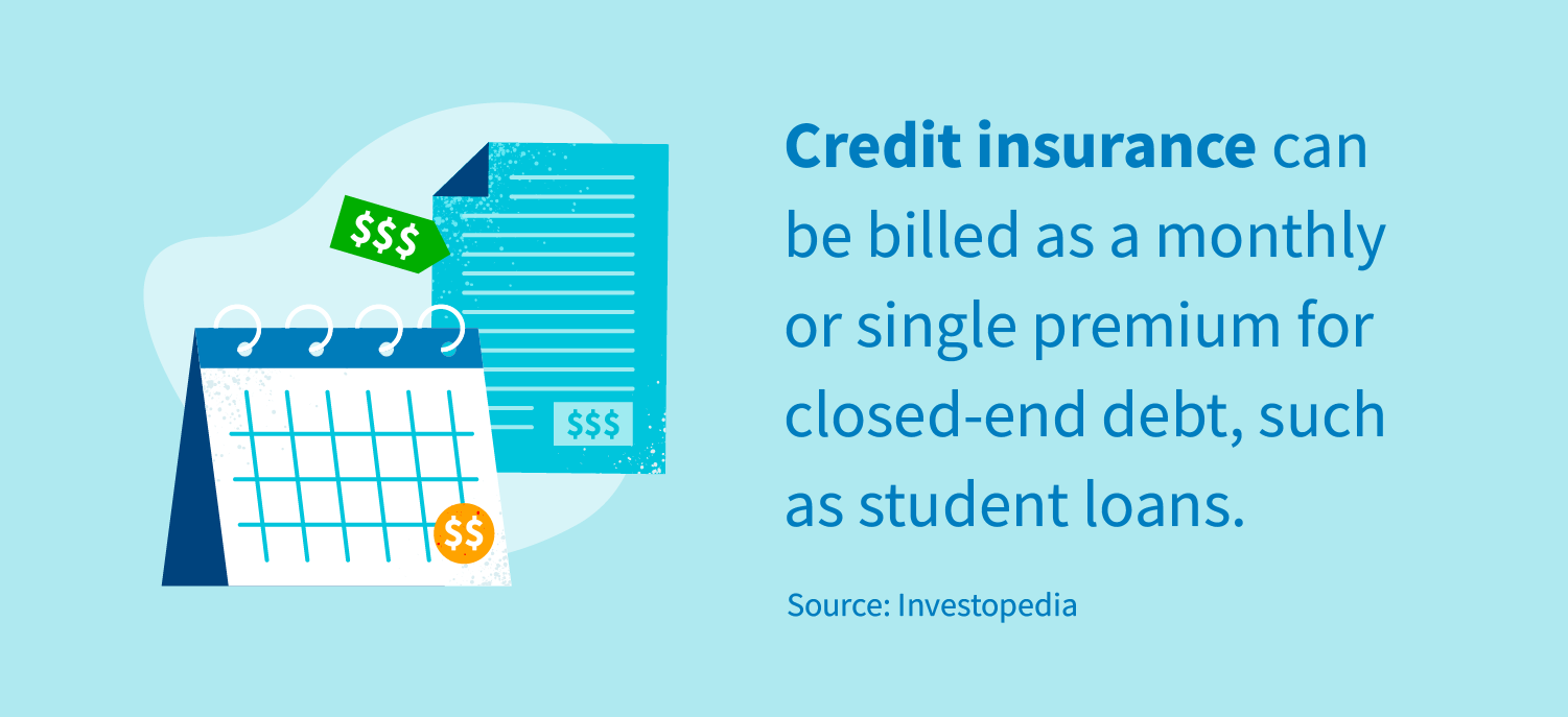 Credit insurance can be billed as a monthly or single premium for closed-end debt, such as student loans. Source: Investopedia.