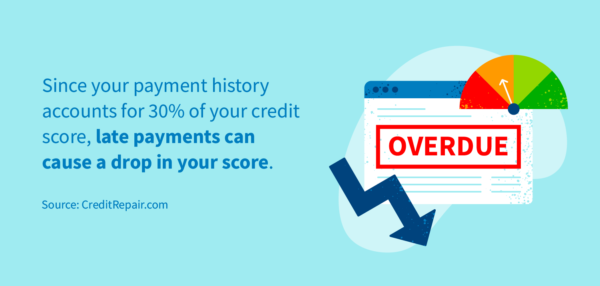 Late payments can cause a drop in your score, since payment history accounts for 30% of your credit score.