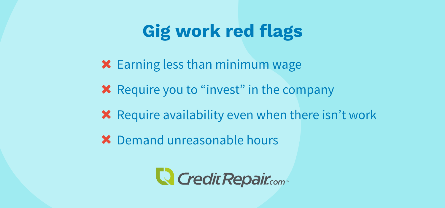 Gig work red flags: earning less than minimum wage, require you to "invest" in the company, require availability even when there isn't work, demand unreasonable 