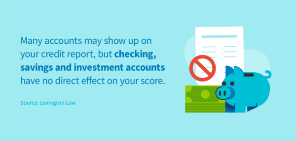 Checking, savings and investment accounts have no effect on your credit score.