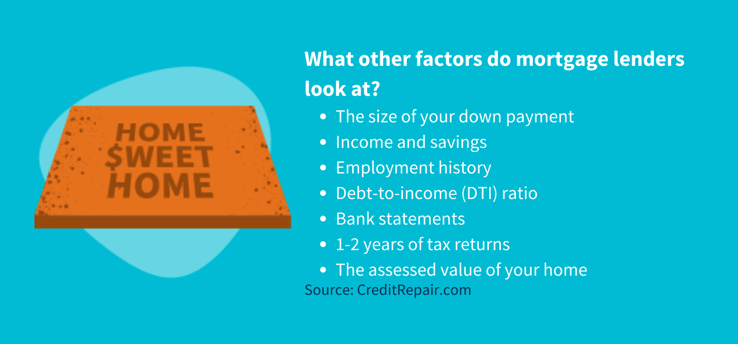 What other factors do mortgage lenders look at?The size of your down payment 
Income and savings
Employment history 
Debt-to-income (DTI) ratio
Bank statements
1-2 years of tax returns 
The assessed value of your home