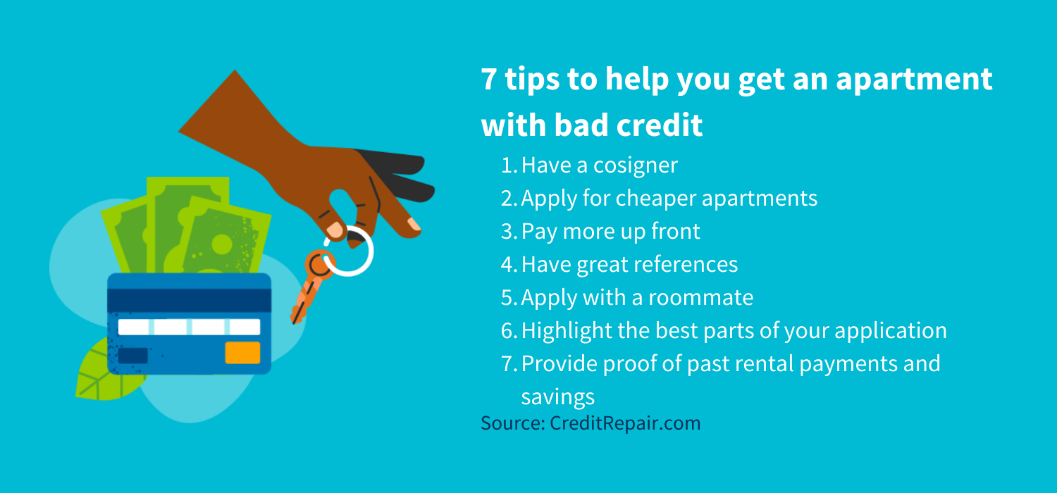 7 tips to help you get an apartment with bad credit
Have a cosigner
Apply for cheaper apartments
Pay more up front
Have great references
Apply with a roommate
Highlight the best parts of your application
Provide proof of past rental payments and savings