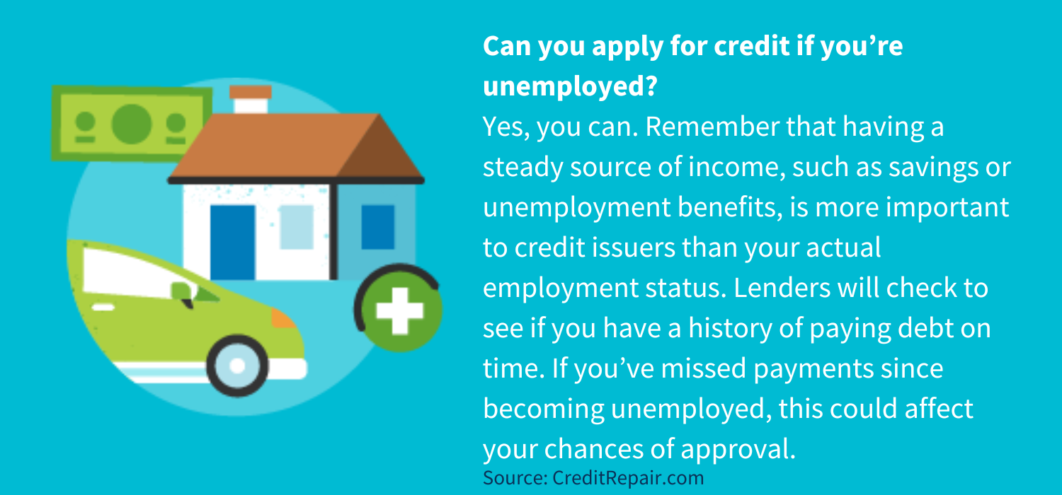 important to credit issuers than your actual employment status. Lenders will check to see if you have a history of paying debt on time. If you’ve missed payments since becoming unemployed, this could affect your chances of approval. 