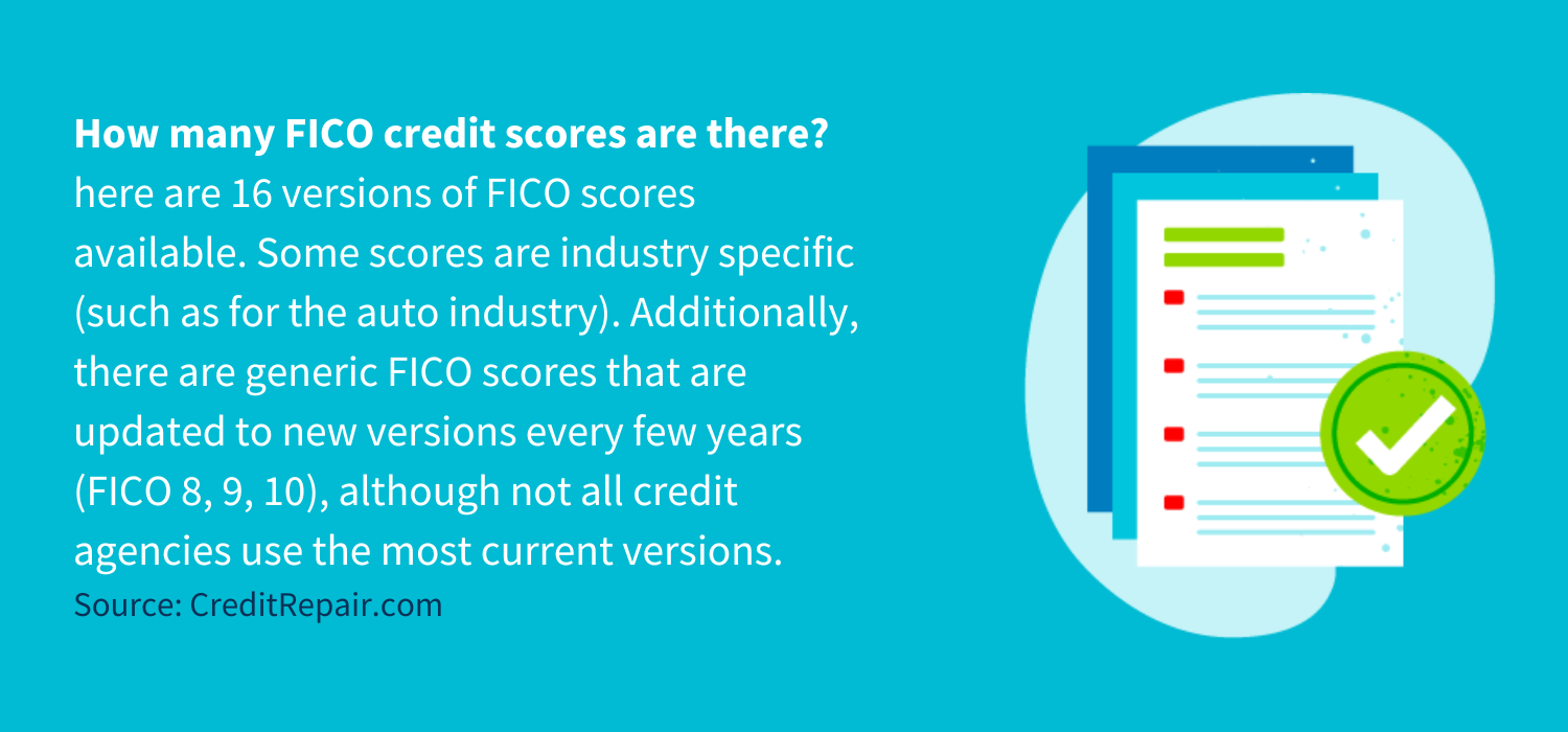 st FICO score was released in 1989, and today there are 16 versions of FICO scores available. Some scores are industry specific (such as for the auto industry). Additionally, there are generic FICO scores that are updated to new versions every few years (FICO 8, 9, 10), although not all credit agencies use the most current versions. So, in actuality, there are several dozen different models in use.