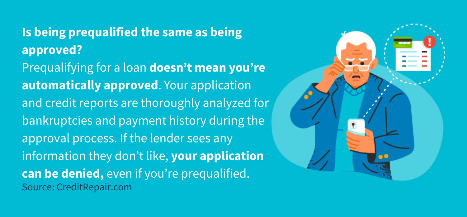 oroughly analyzed for bankruptcies and payment history during the approval process. If the lender sees any information they don’t like, your application can be denied, even if you’re prequalified. 