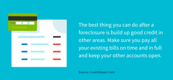 The best thing you can do after a foreclosure is build up good credit in other areas. Make sure you pay all your existing bills on time and in full and keep your other accounts open. 