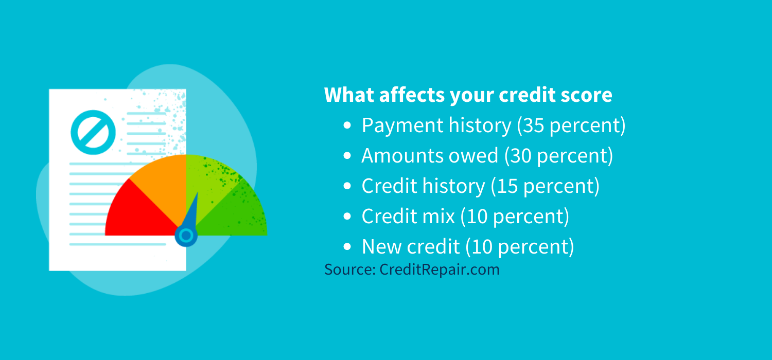What affects your credit score
Payment history (35 percent)
Amounts owed (30 percent)
Credit history (15 percent)
Credit mix (10 percent)
New credit (10 percent)